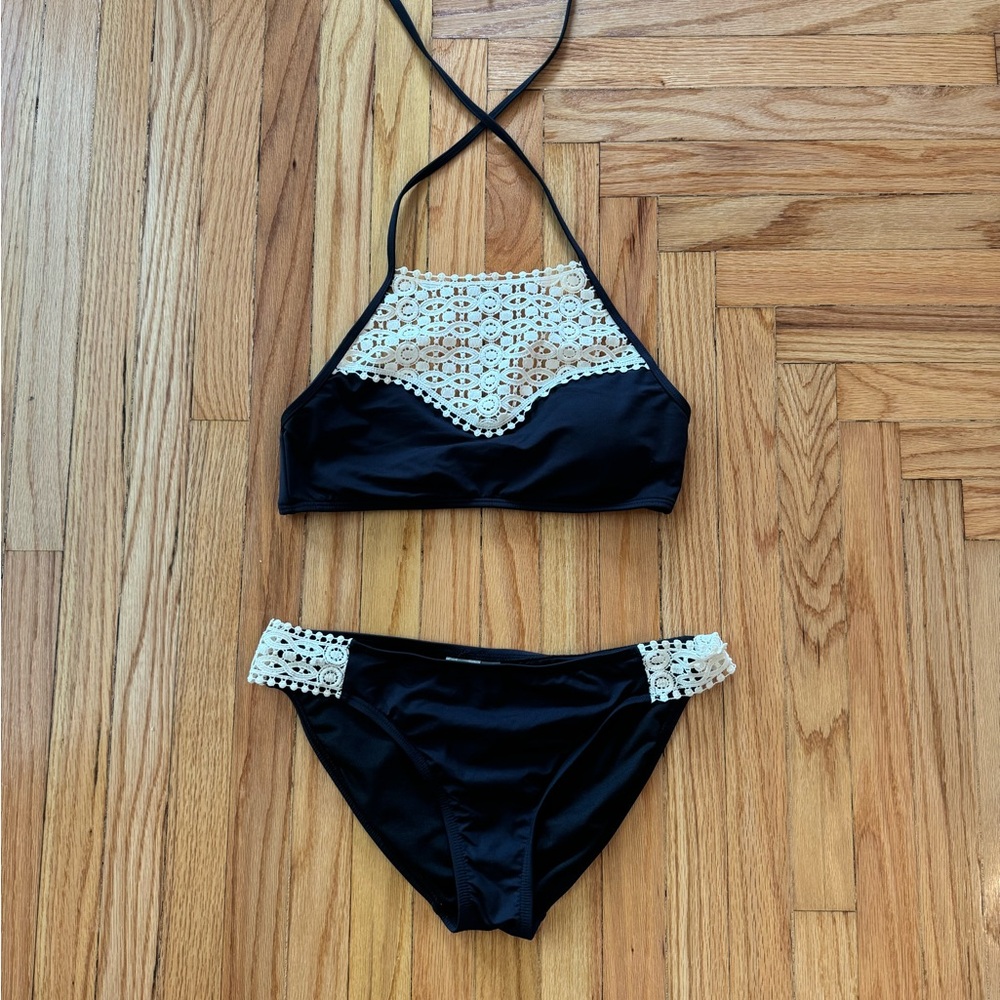 Women’s Black and Cream Crochet Bikini Set